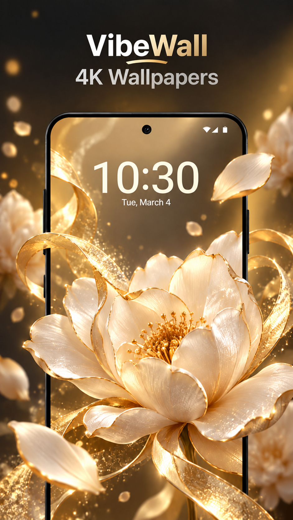 VibeWall promotional screenshot with a glowing flower wallpaper preview