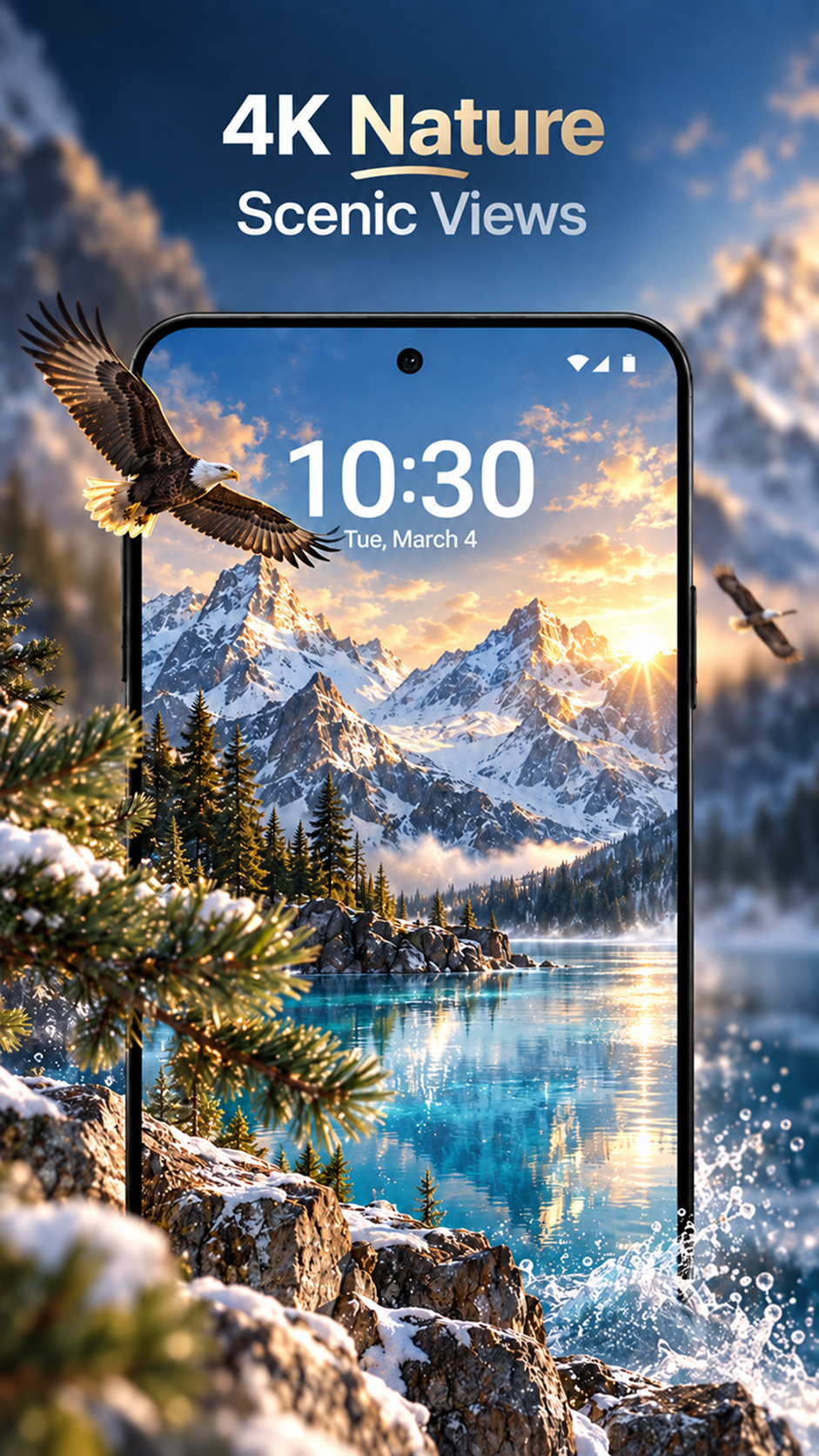 4K Nature scenic view with snowy mountains, a lake, and an eagle