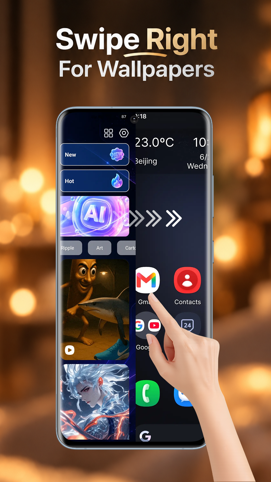 VibeWall listing screenshot showing a launcher home screen beside a wallpaper panel